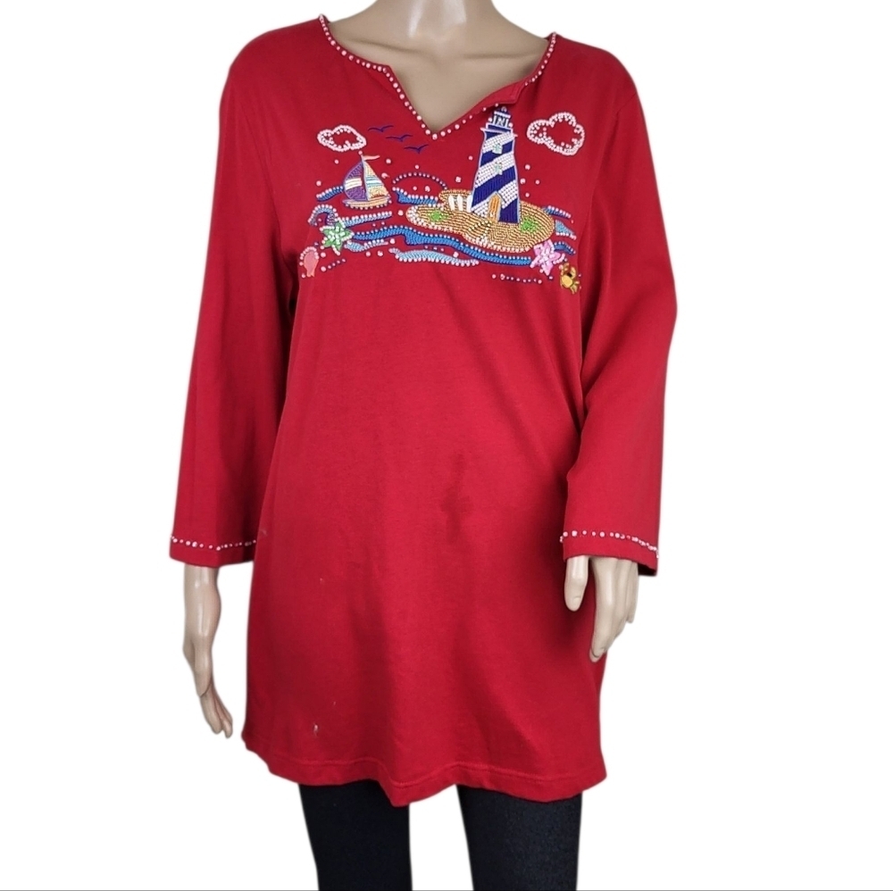 Nautical Lighthouse Red Tunic Top Beaded Sequin Embellishments